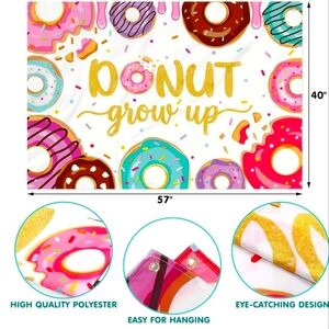 Donut party sign, invites, table cloth, cupcake decorations. selling as a group